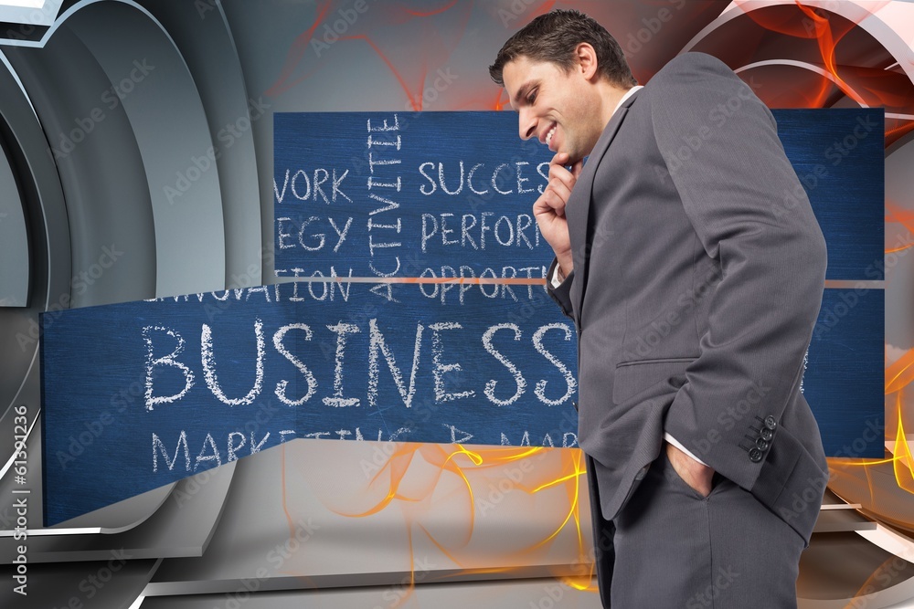 Poster composite image of thoughtful businessman with hand on chin