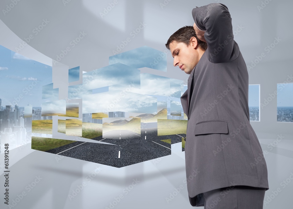 Poster composite image of thinking businessman scratching head