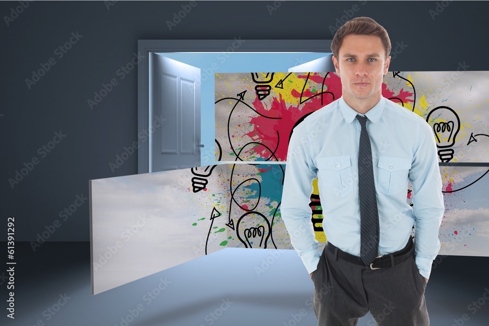 Poster composite image of serious businessman with hands in pockets