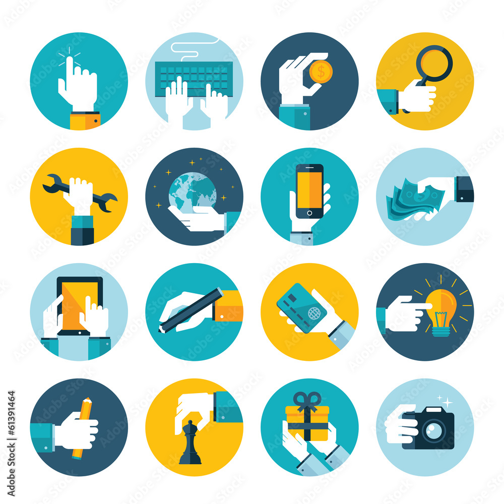 Poster modern flat icons vector collection of hand using items