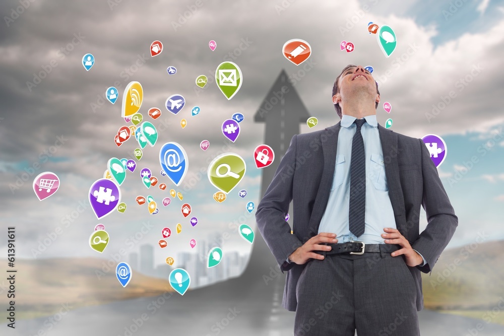 Poster composite image of happy businessman with hands on hips