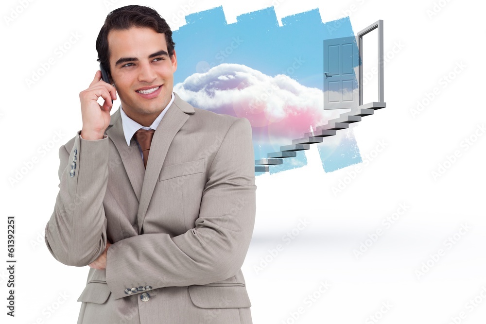 Poster composite image of smiling salesman on his cellphone