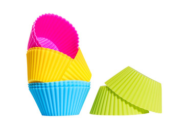 Colorful silicone baking cups.  Isolated on white background