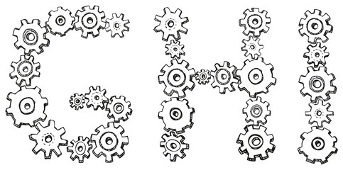 Vector alphabet of caricature letters from spinning gears