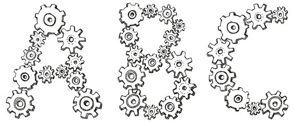 Vector alphabet of caricature letters from spinning gears