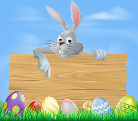 Easter bunny and wooden sign