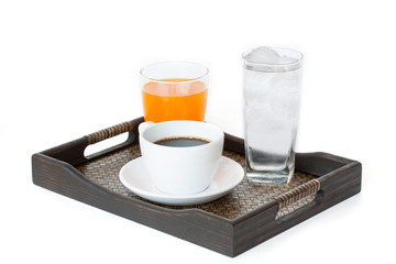 water, orange juice and coffee