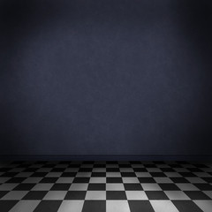 Dark gothic background, sad room with checker floor