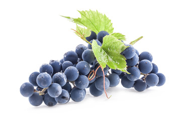 Ripe grapes with leaves isolated on white background