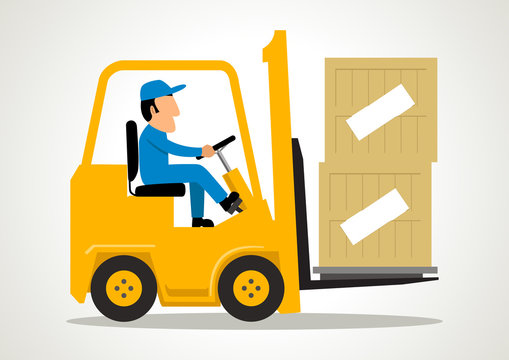 Simple cartoon of a man driving a forklift