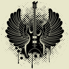 Sticker on the shirt the image of a guitar of wings