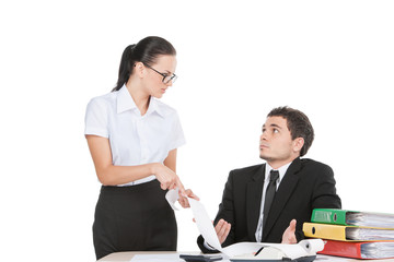 two workers arguing and talking about business.