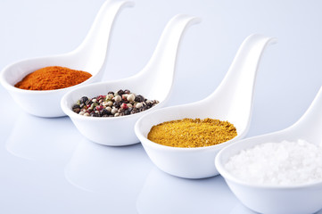 Various spices and herbs on white background