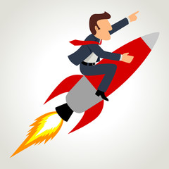Simple cartoon of a businessman on a rocket