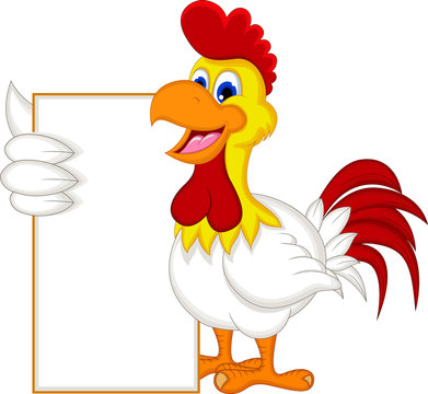 Happy cartoon chicken holding blank sign
