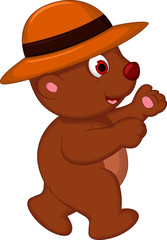 cute brown bear cartoon with hat walking