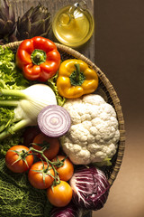 still life with vegetables and olive oil