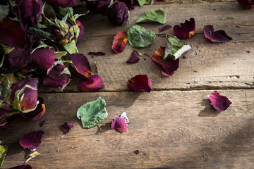Dried rose on old wood background