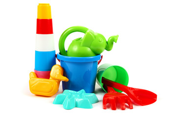 Toys collection on white background.