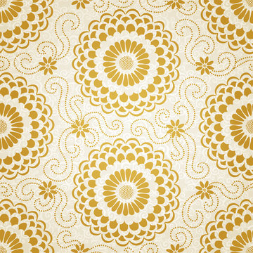 Golden seamless pattern with large flowers and curls.