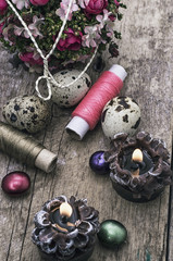 preparation Easter decorations of eggs and sewing