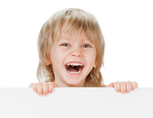 little boy with copy space desk on white background