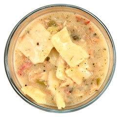 Home Made chicken Dumpling Soup in Glass Bowl