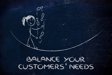 balancing and managing customers' needs: funny girl juggling