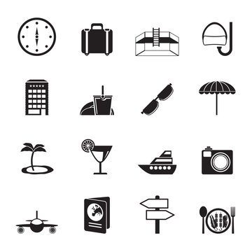 Silhouette travel, trip and tourism icons