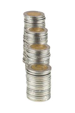 Stacks of five zlotych coins