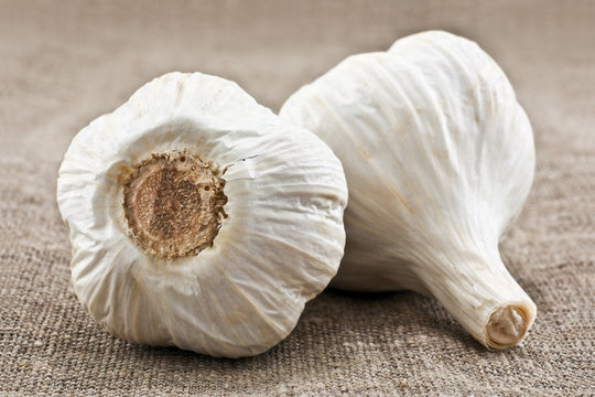 two heads of garlic on linen matter