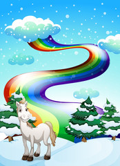 A horse in a snowy area and a rainbow in the sky