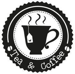 A tea and coffee label with a cup of tea
