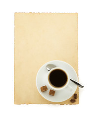 cup of coffee and parchment on white