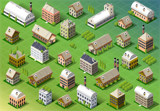 Set of Isometric Building Spring Vector City Map
