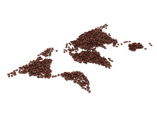 World map made from coffee beans isolated on white background