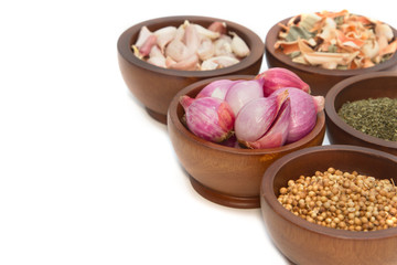 Thai herbs and spices ( garlic, shallot, coriander dried lemon g