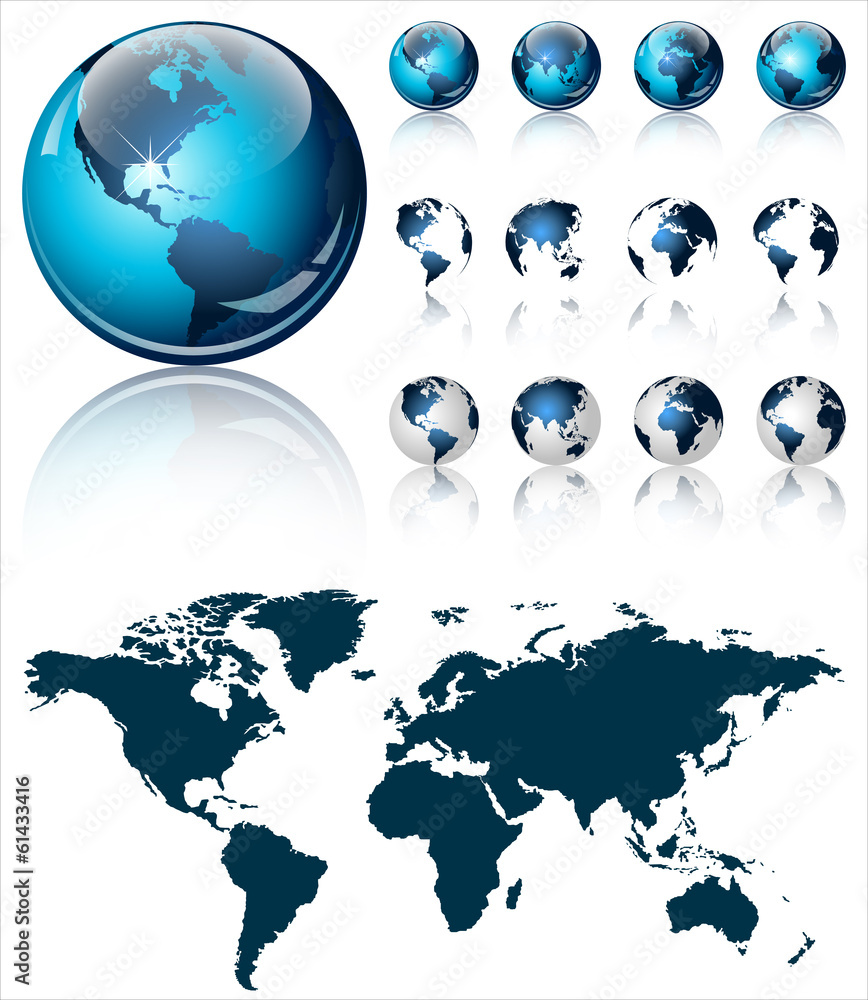 Poster 3d world map over the earth globe. 4 different views