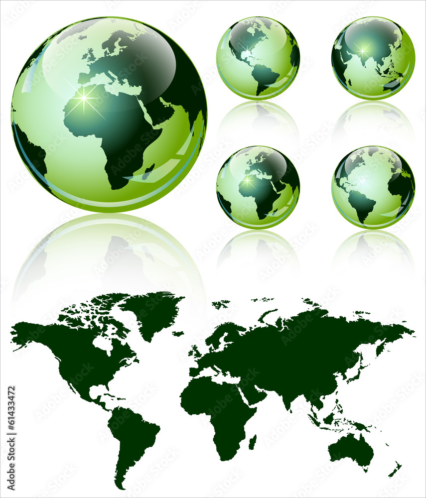 Poster 3d world map over the earth globe. 4 different views