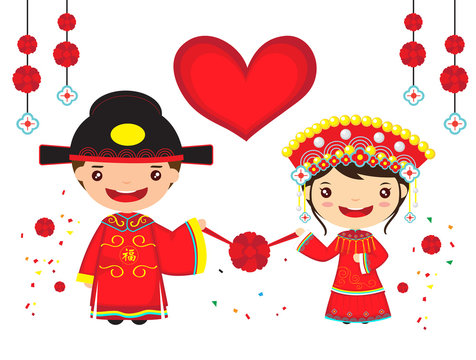 Chinese wedding couple, cartoon chinese new year