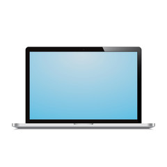 laptop open blue screen white background