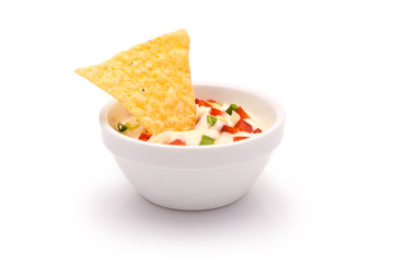 Potato Chips with various Dip Souces isolated on white