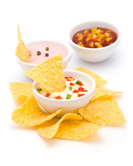 Potato Chips with various Dip Souces isolated on white