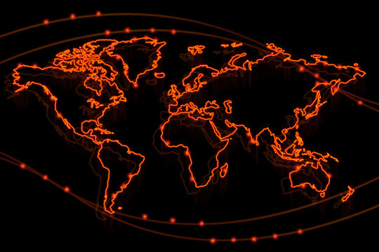 Glowing fiery contour map of the world