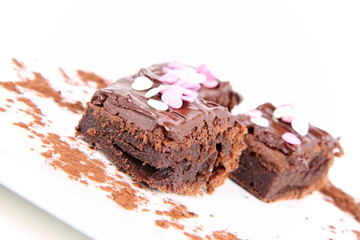 Brownie with chocolate and sugar hearts decoration