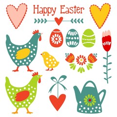 Cute easter elements, eggs, hens, hearts and flowers, vector