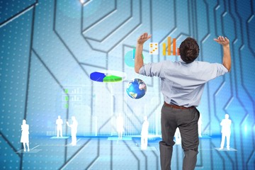 Composite image of businessman posing with arms raised
