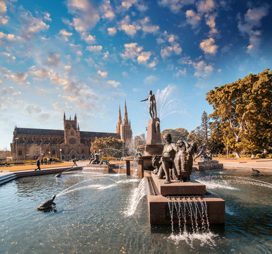 Wide angle view of famous Archibald Fountain in Sydney