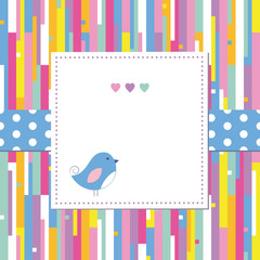 blue bird and hearts on colorful abstract pattern greeting card