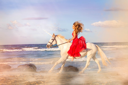 Romantic Woman Riding Unicorn
